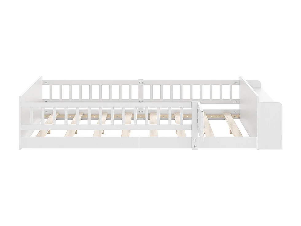 Lit double enfant 140x200 en bois de pin blanc avec étagères de rangement ouvertes structure ouvrable sans matelas
