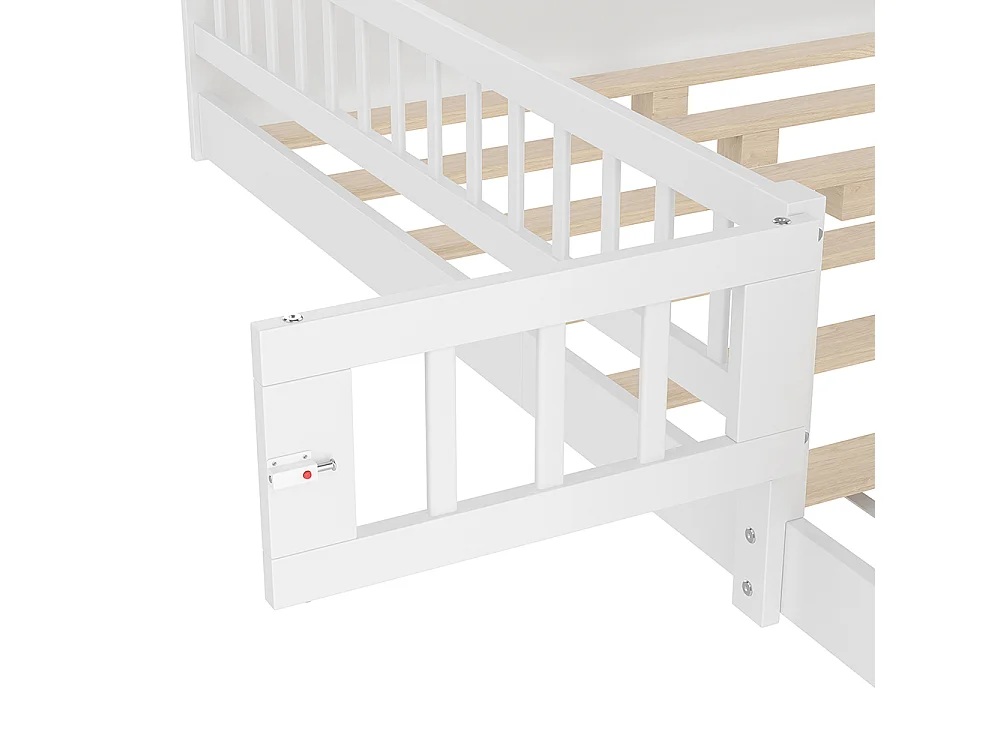Lit double enfant 140x200 en bois de pin blanc avec étagères de rangement ouvertes structure ouvrable sans matelas