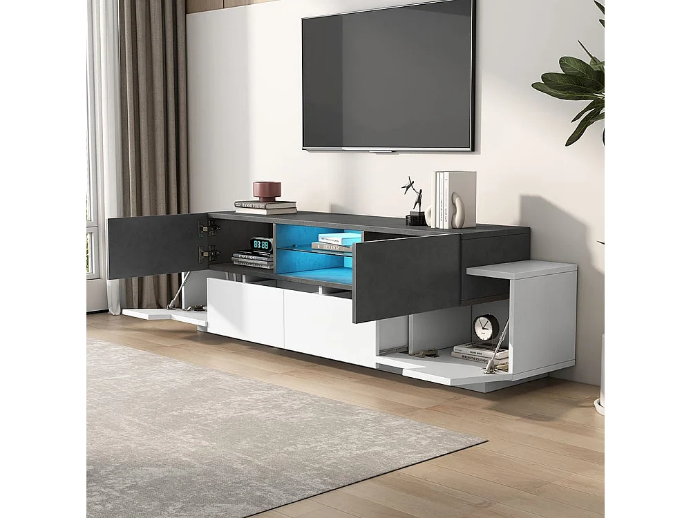 Moderne lage tv-meubel met ledverlichting in wit en grijs Minimalistische planken van gehard glas voor in de woonkamer