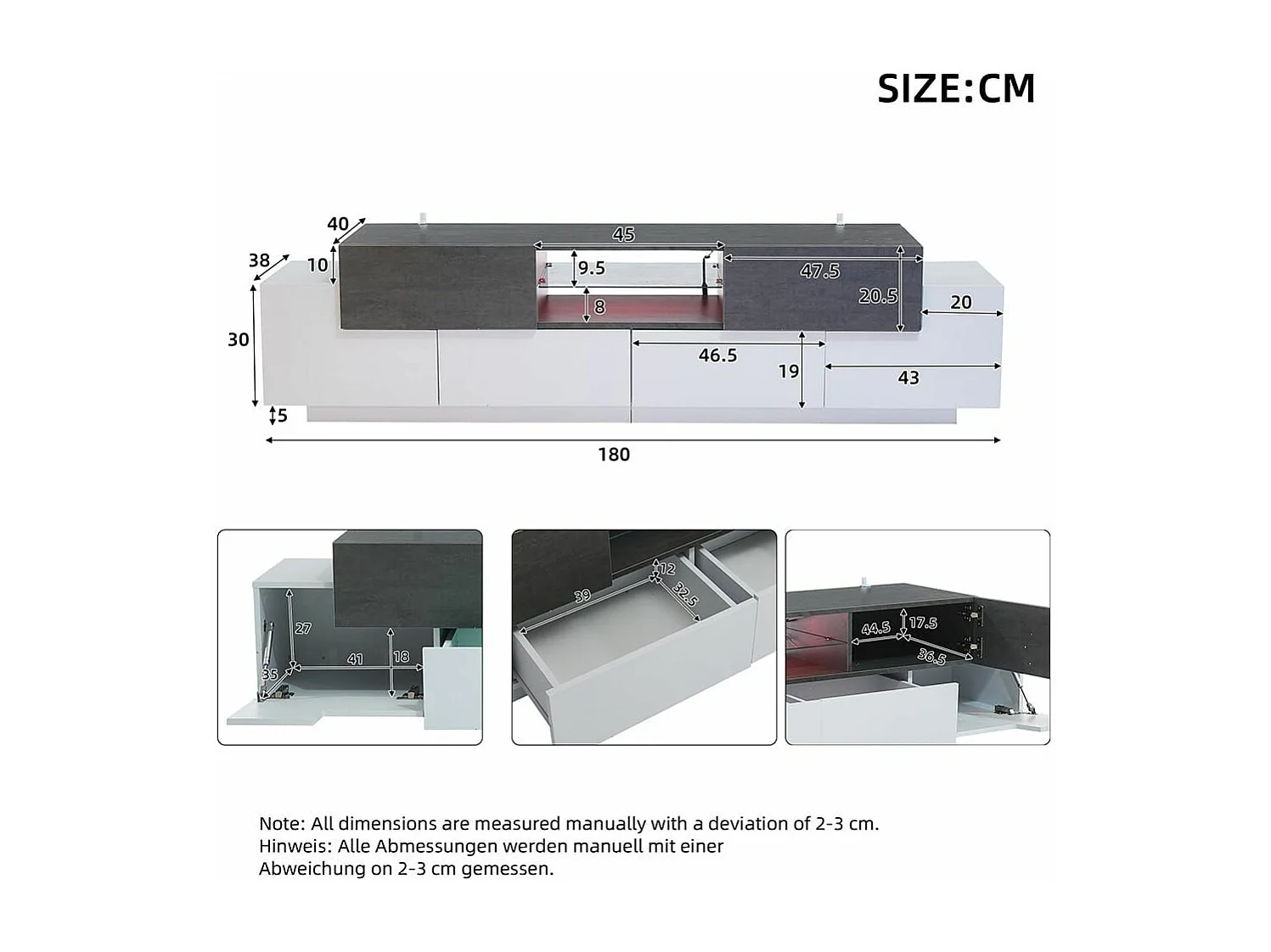 Moderne lage tv-meubel met ledverlichting in wit en grijs Minimalistische planken van gehard glas voor in de woonkamer