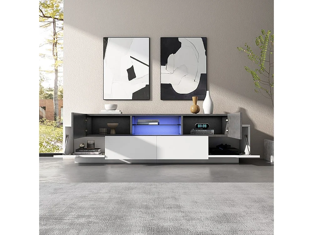 Moderne lage tv-meubel met ledverlichting in wit en grijs Minimalistische planken van gehard glas voor in de woonkamer