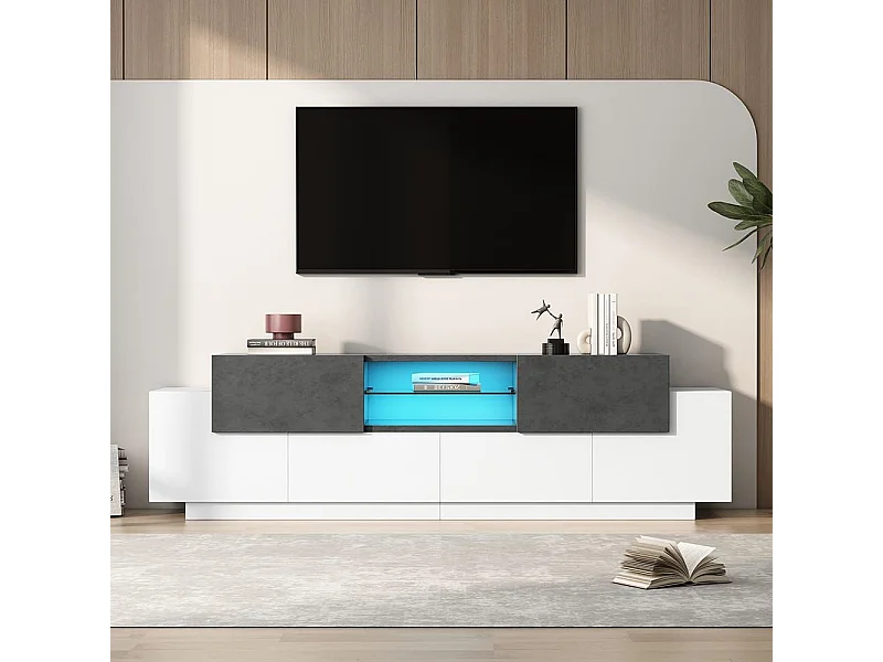 Meuble TV bas LED blanc gris contemporain Étagères verre trempé salon minimaliste