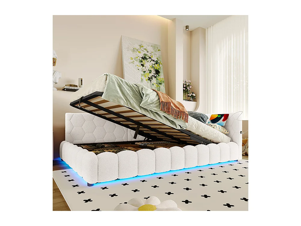 Lit coffre 140x200 avec bande LED mécanisme de levage hydraulique port USB type C revêtement imitation polaire blanc confortable