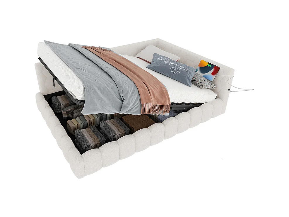 Lit coffre 140x200 avec bande LED mécanisme de levage hydraulique port USB type C revêtement imitation polaire blanc confortable