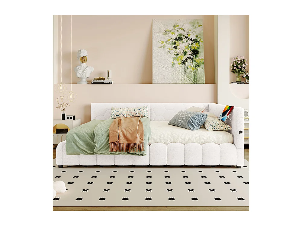 Lit coffre 140x200 avec bande LED mécanisme de levage hydraulique port USB type C revêtement imitation polaire blanc confortable