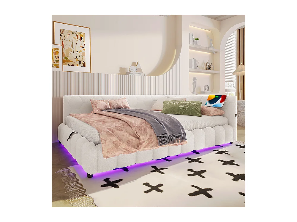 Lit coffre 140x200 avec bande LED mécanisme de levage hydraulique port USB type C revêtement imitation polaire blanc confortable