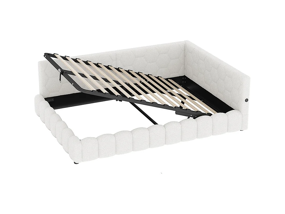 Lit coffre 140x200 avec bande LED mécanisme de levage hydraulique port USB type C revêtement imitation polaire blanc confortable