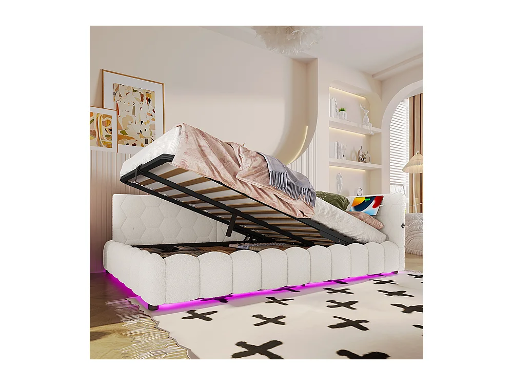 Lit coffre 140x200 avec bande LED mécanisme de levage hydraulique port USB type C revêtement imitation polaire blanc confortable