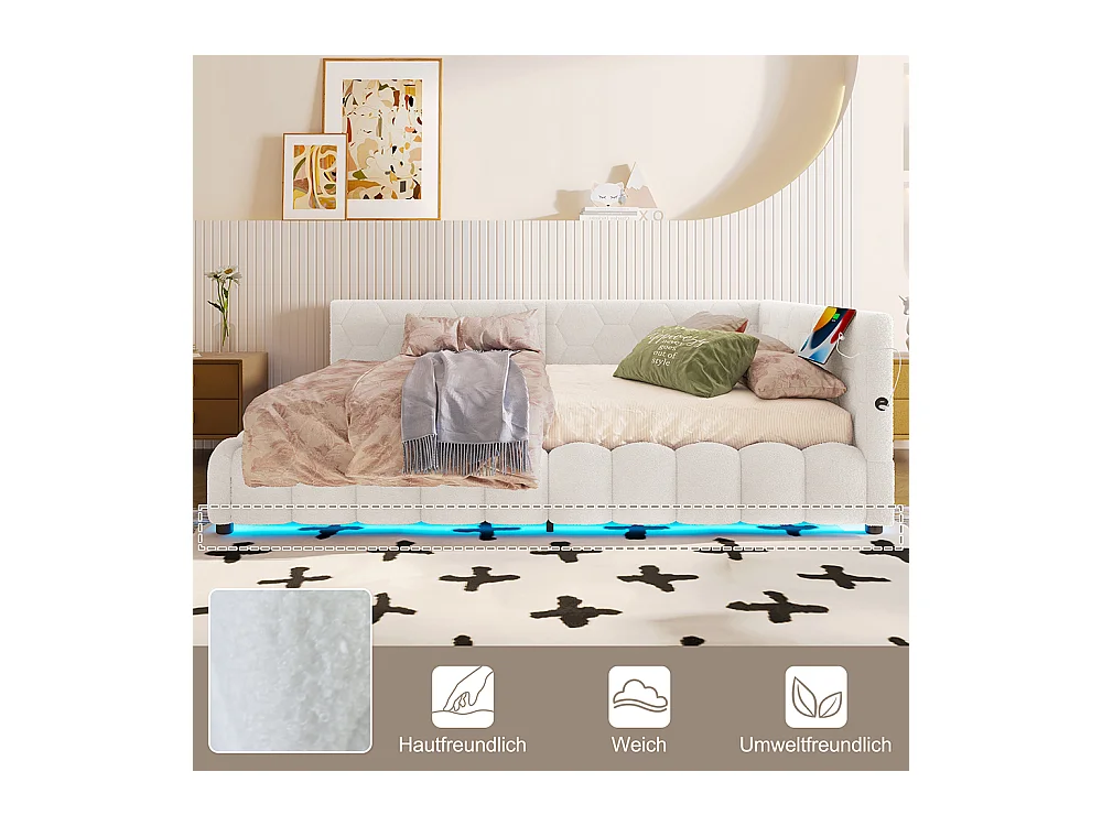 Lit coffre 140x200 avec bande LED mécanisme de levage hydraulique port USB type C revêtement imitation polaire blanc confortable