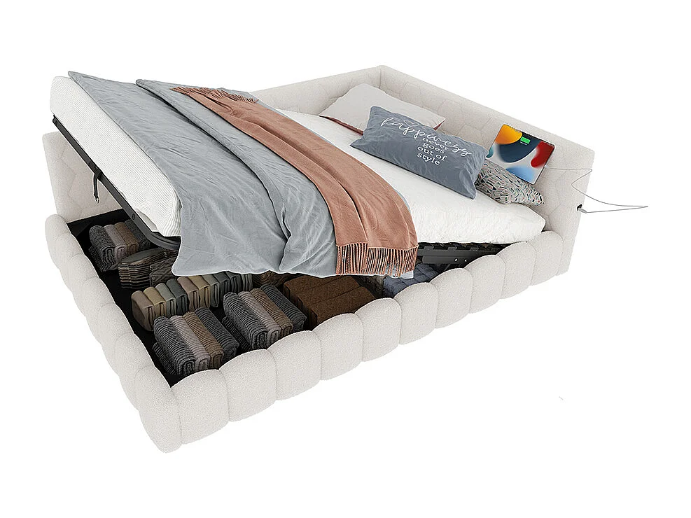 Opbergbed 140x200 met ledstrip, hydraulisch hefmechanisme, USB-poort type C, comfortabele bekleding in imitatiepool