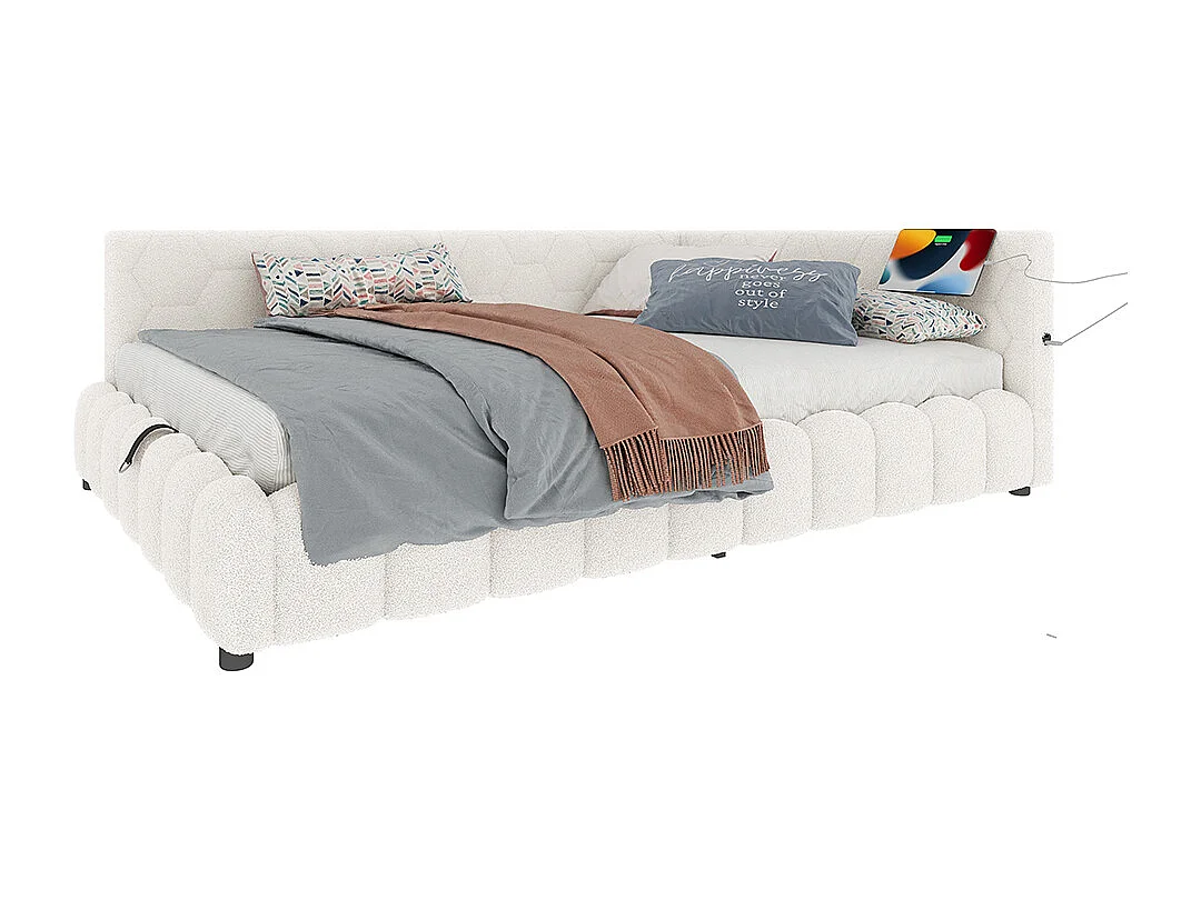 Opbergbed 140x200 met ledstrip, hydraulisch hefmechanisme, USB-poort type C, comfortabele bekleding in imitatiepool