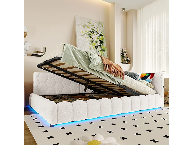 Opbergbed 140x200 met ledstrip, hydraulisch hefmechanisme, USB-poort type C, comfortabele bekleding in imitatiepool