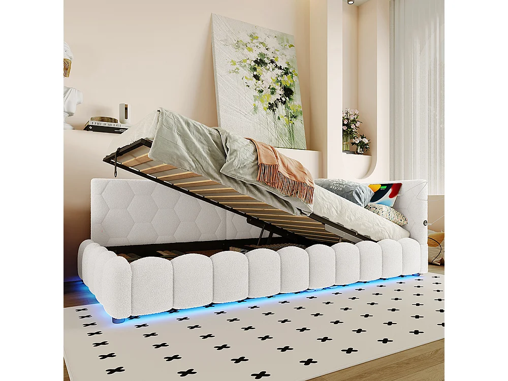 Lit coffre 90x200 avec bande LED mécanisme de levage hydraulique port USB type C revêtement imitation polaire blanc confortable