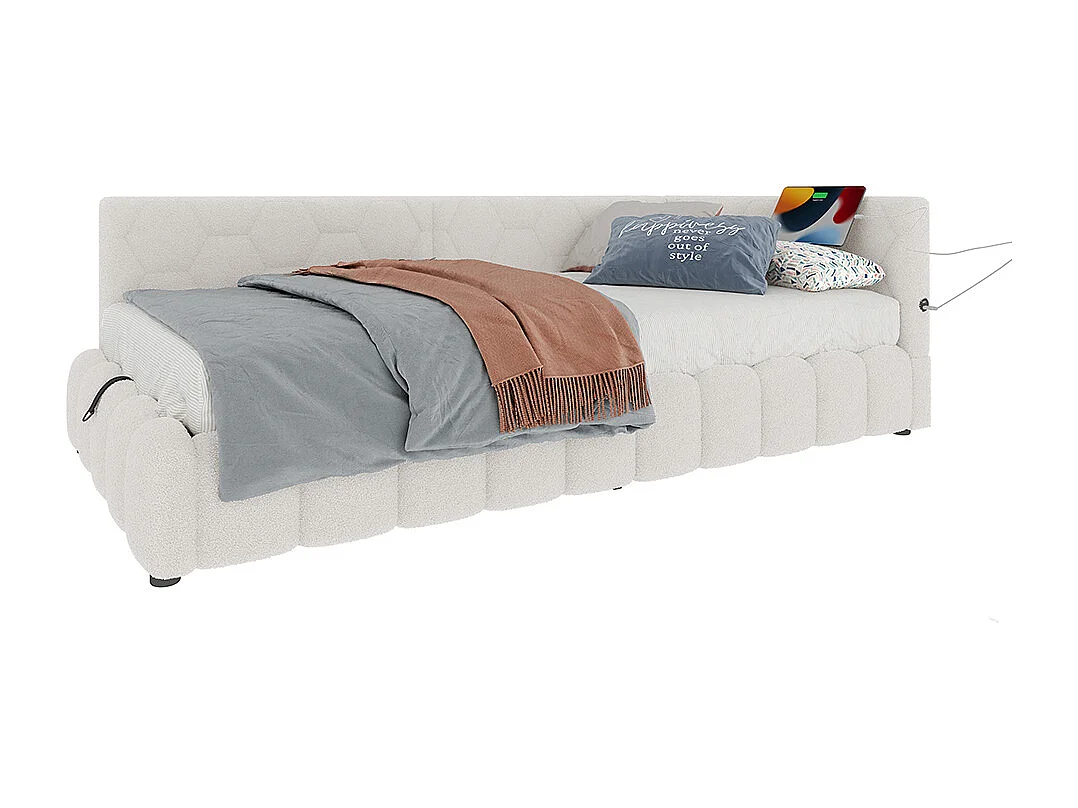 Lit coffre 90x200 avec bande LED mécanisme de levage hydraulique port USB type C revêtement imitation polaire blanc confortable