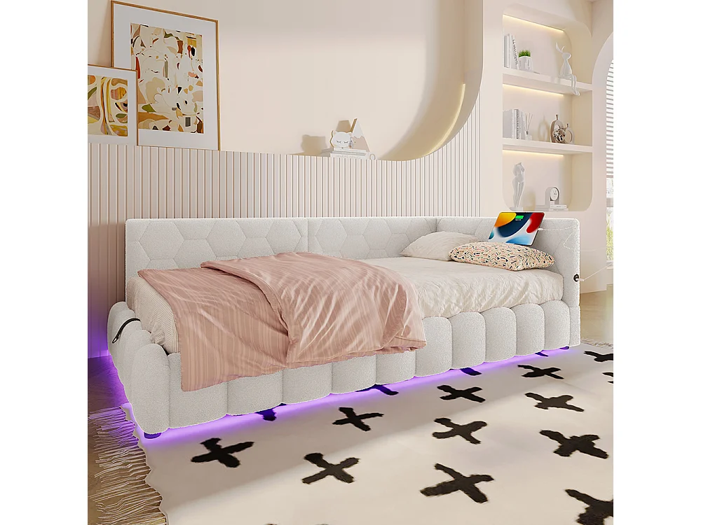 Lit coffre 90x200 avec bande LED mécanisme de levage hydraulique port USB type C revêtement imitation polaire blanc confortable