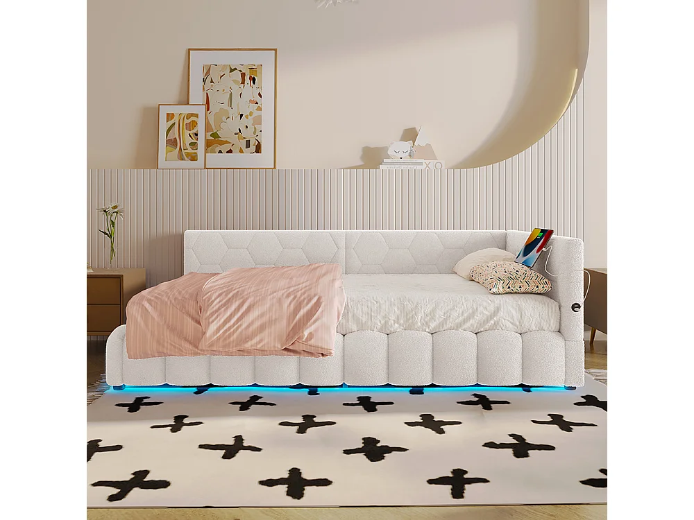 Lit coffre 90x200 avec bande LED mécanisme de levage hydraulique port USB type C revêtement imitation polaire blanc confortable