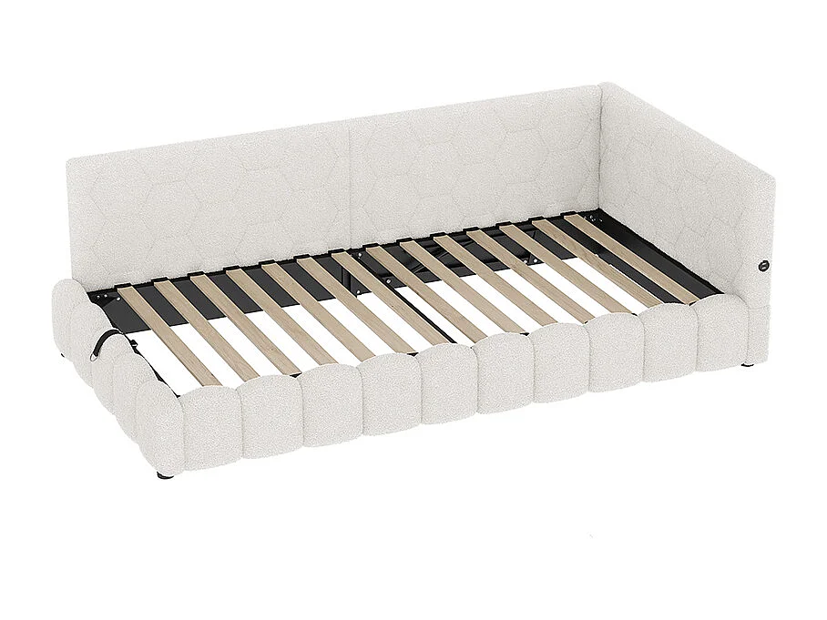 Lit coffre 90x200 avec bande LED mécanisme de levage hydraulique port USB type C revêtement imitation polaire blanc confortable