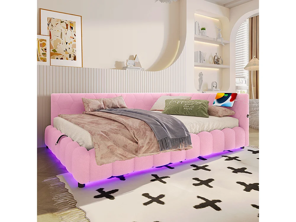 Lit coffre 140x200 avec bande LED mécanisme de levage hydraulique port USB type C revêtement imitation polaire rose confortable