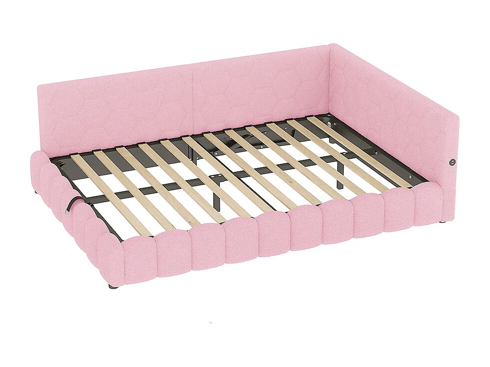 Lit coffre 140x200 avec bande LED mécanisme de levage hydraulique port USB type C revêtement imitation polaire rose confortable