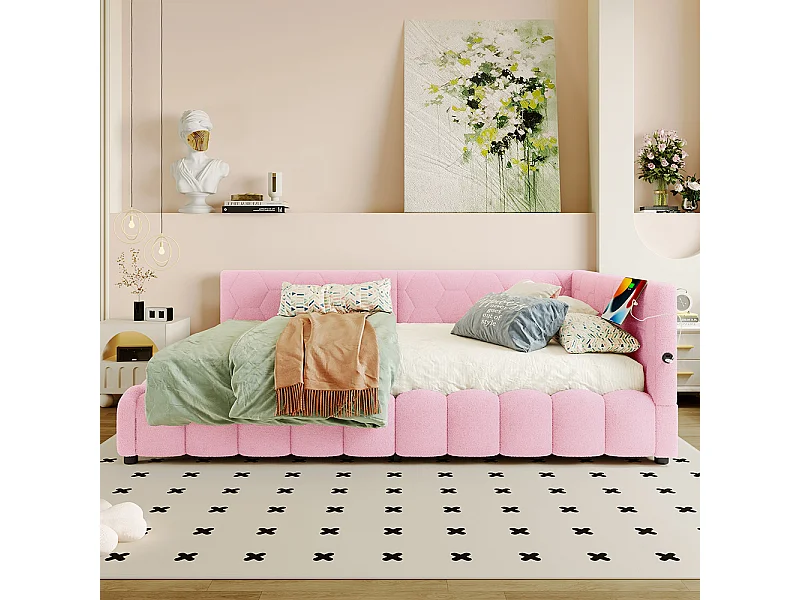 Lit coffre 140x200 avec bande LED mécanisme de levage hydraulique port USB type C revêtement imitation polaire rose confortable