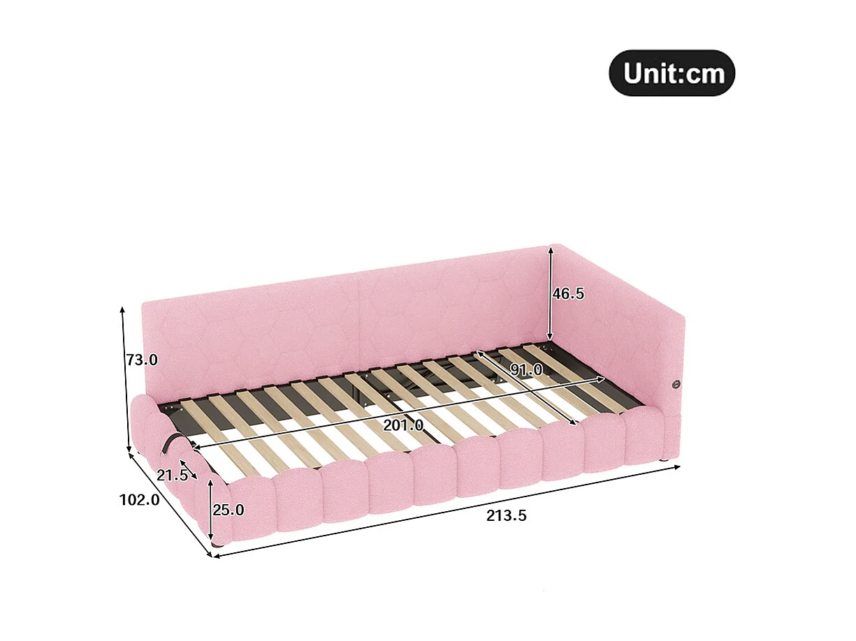 Bed met opbergruimte 90x200 met ledstrip, hydraulisch hefmechanisme, USB-poort type C, comfortabele roze imitatiebontbekleding