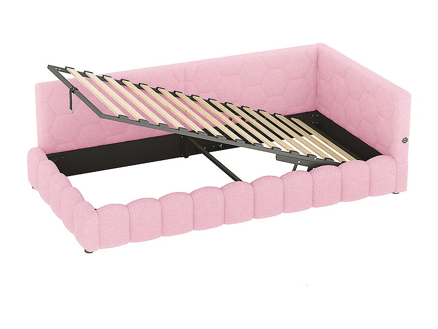 Bed met opbergruimte 90x200 met ledstrip, hydraulisch hefmechanisme, USB-poort type C, comfortabele roze imitatiebontbekleding