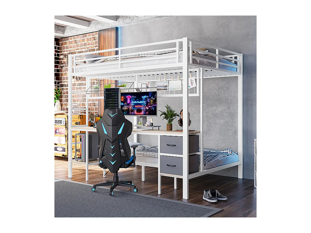 Lit superposé 90x200 et 140x200 blanc avec tiroirs étagères bureau port USB LED 7 couleurs et grille suspendue