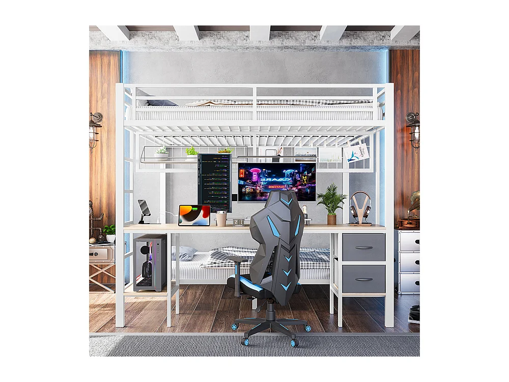 Lit superposé 90x200 et 140x200 blanc avec tiroirs étagères bureau port USB LED 7 couleurs et grille suspendue