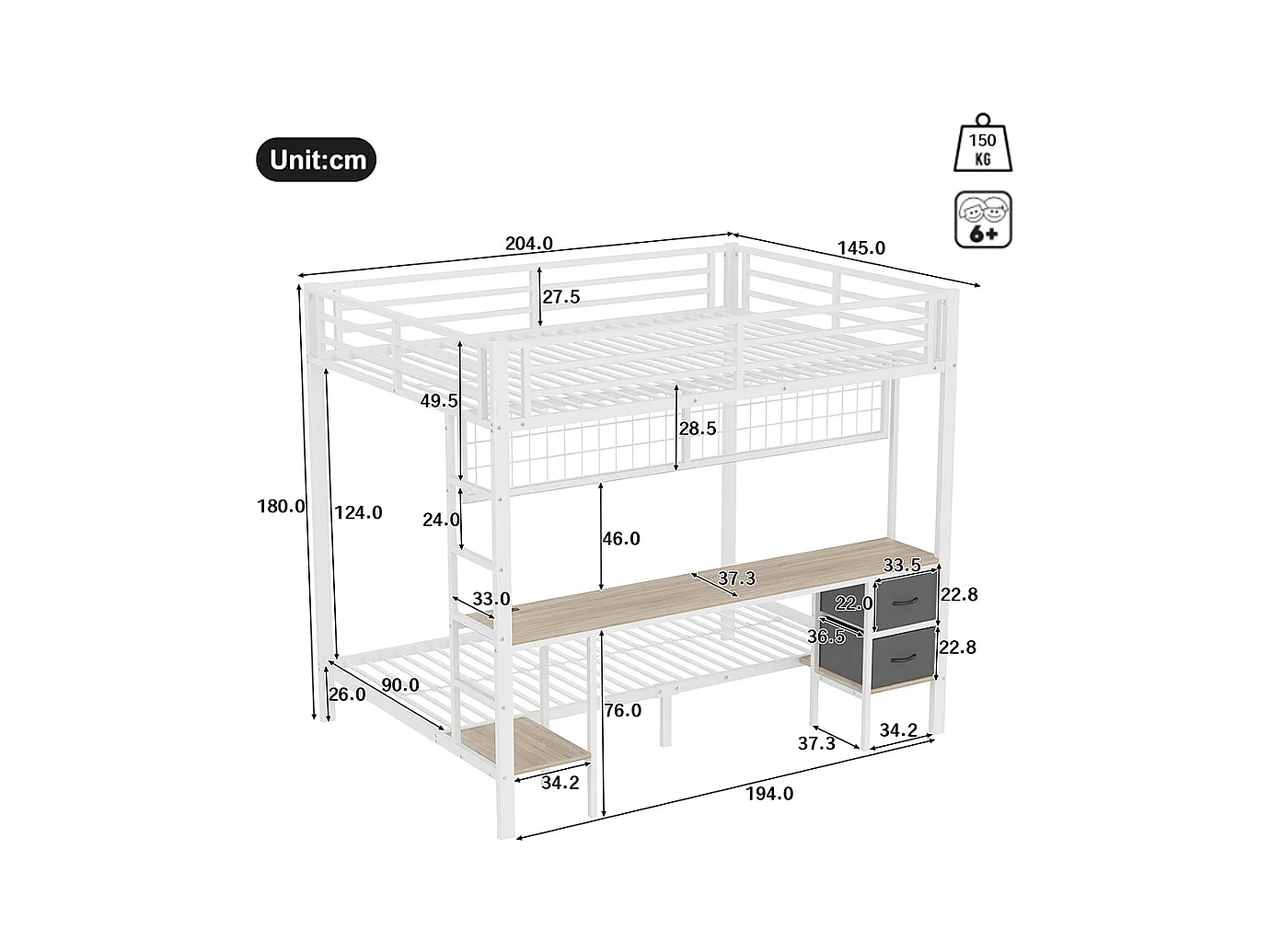 Lit superposé 90x200 et 140x200 blanc avec tiroirs étagères bureau port USB LED 7 couleurs et grille suspendue