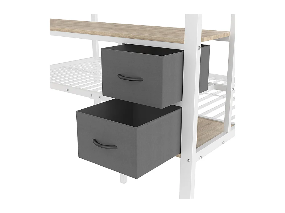 Lit superposé 90x200 et 140x200 blanc avec tiroirs étagères bureau port USB LED 7 couleurs et grille suspendue