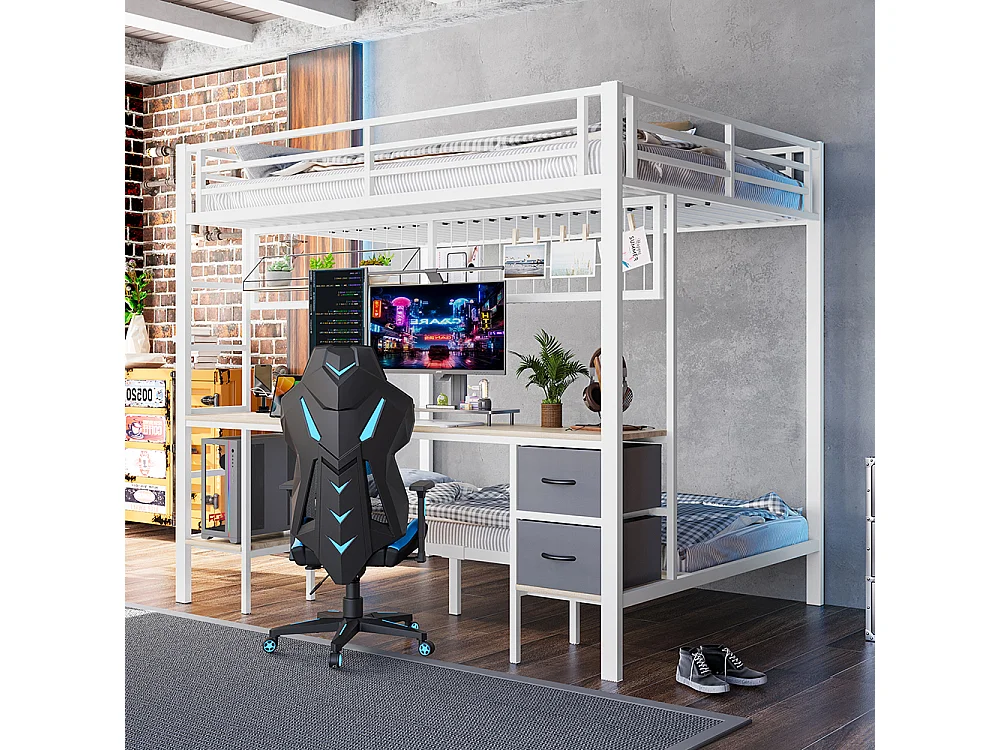 Lit superposé 90x200 et 140x200 blanc avec tiroirs étagères bureau port USB LED 7 couleurs et grille suspendue