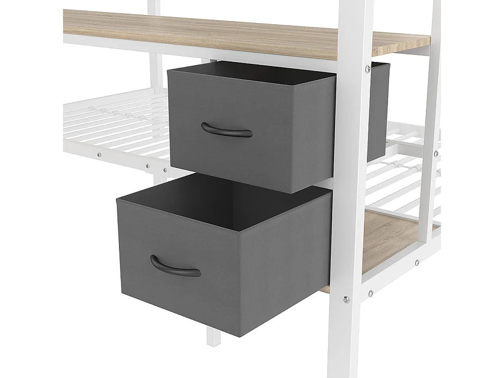 Lit superposé 90x200 et 140x200 blanc avec tiroirs étagères bureau port USB LED 7 couleurs et grille suspendue