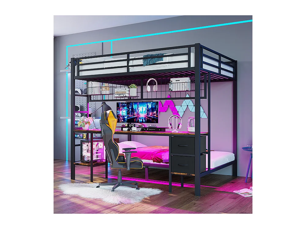 Lit superposé 90x200 et 140x200 noir avec tiroirs étagères bureau port USB LED 7 couleurs et grille suspendue