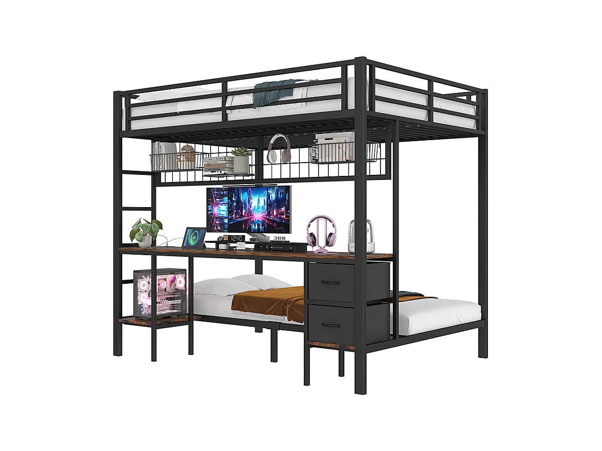 Lit superposé 90x200 et 140x200 noir avec tiroirs étagères bureau port USB LED 7 couleurs et grille suspendue