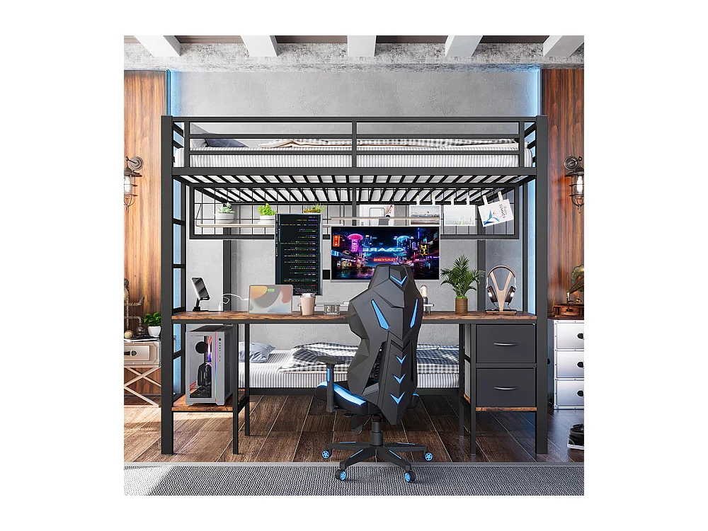 Lit superposé 90x200 et 140x200 noir avec tiroirs étagères bureau port USB LED 7 couleurs et grille suspendue