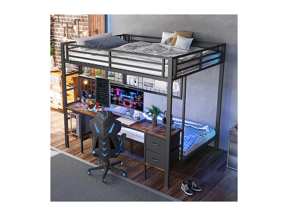 Lit superposé 90x200 et 140x200 noir avec tiroirs étagères bureau port USB LED 7 couleurs et grille suspendue