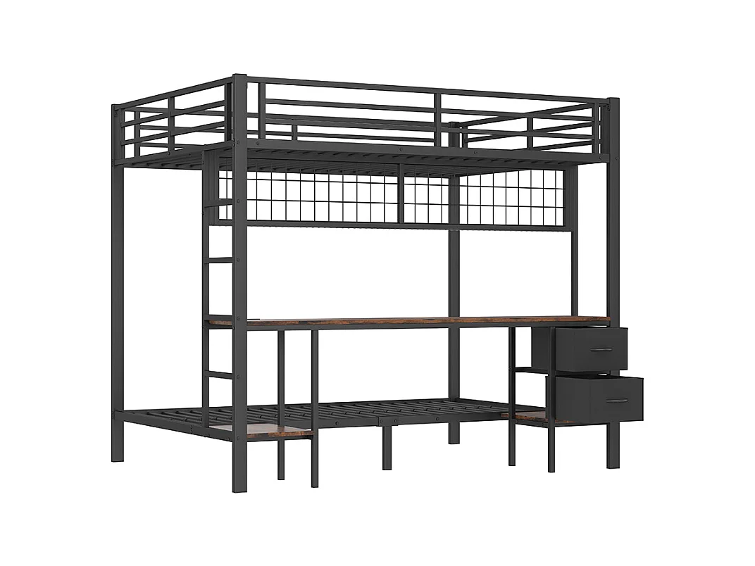 Lit superposé 90x200 et 140x200 noir avec tiroirs étagères bureau port USB LED 7 couleurs et grille suspendue