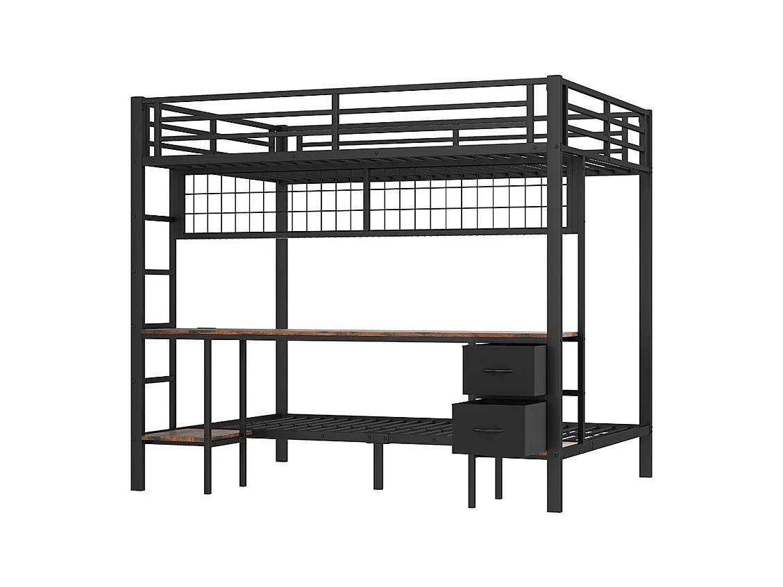 Lit superposé 90x200 et 140x200 noir avec tiroirs étagères bureau port USB LED 7 couleurs et grille suspendue