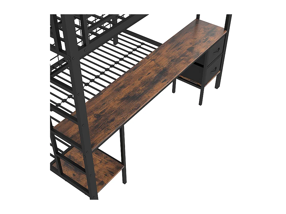 Lit superposé 90x200 et 140x200 noir avec tiroirs étagères bureau port USB LED 7 couleurs et grille suspendue