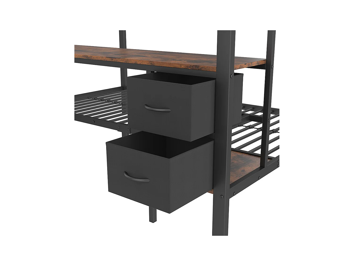 Lit superposé 90x200 et 140x200 noir avec tiroirs étagères bureau port USB LED 7 couleurs et grille suspendue