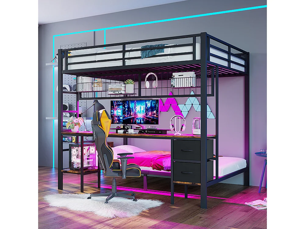 Lit superposé 90x200 et 140x200 noir avec tiroirs étagères bureau port USB LED 7 couleurs et grille suspendue