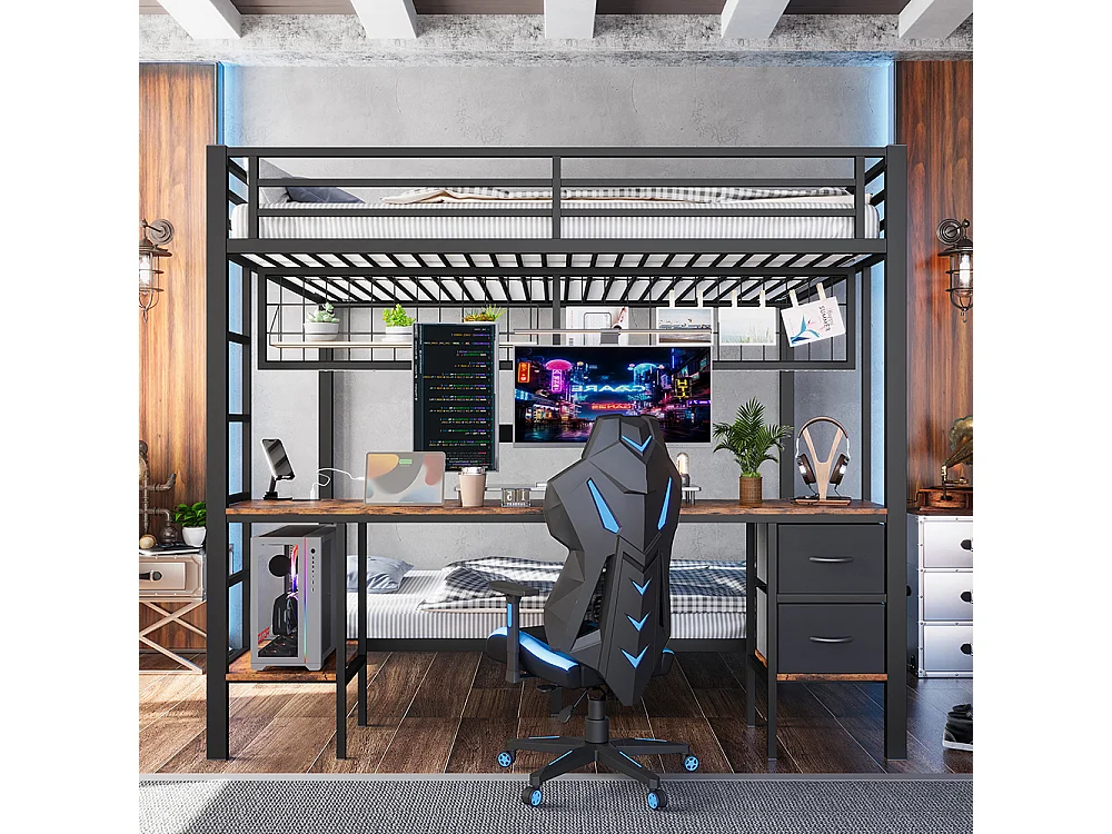 Lit superposé 90x200 et 140x200 noir avec tiroirs étagères bureau port USB LED 7 couleurs et grille suspendue