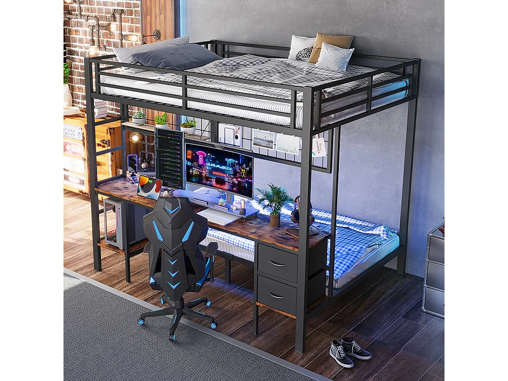 Lit superposé 90x200 et 140x200 noir avec tiroirs étagères bureau port USB LED 7 couleurs et grille suspendue