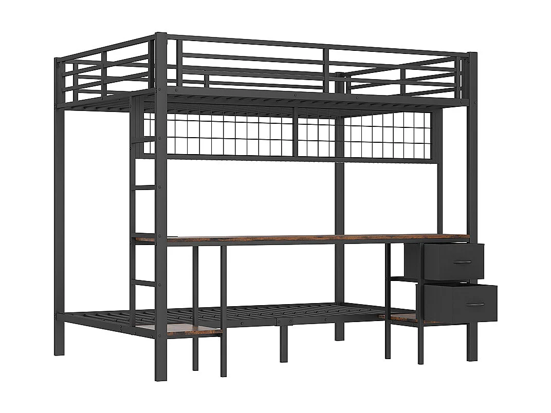 Lit superposé 90x200 et 140x200 noir avec tiroirs étagères bureau port USB LED 7 couleurs et grille suspendue