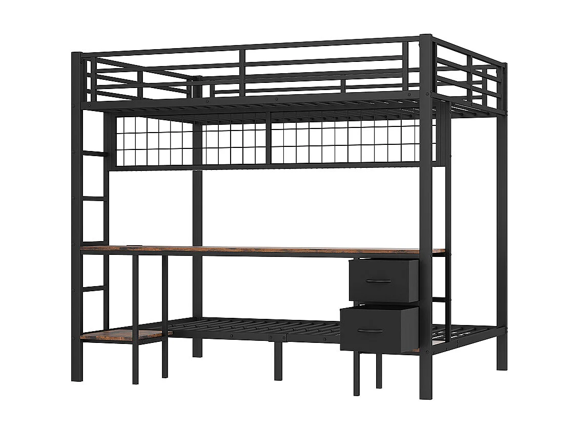 Lit superposé 90x200 et 140x200 noir avec tiroirs étagères bureau port USB LED 7 couleurs et grille suspendue