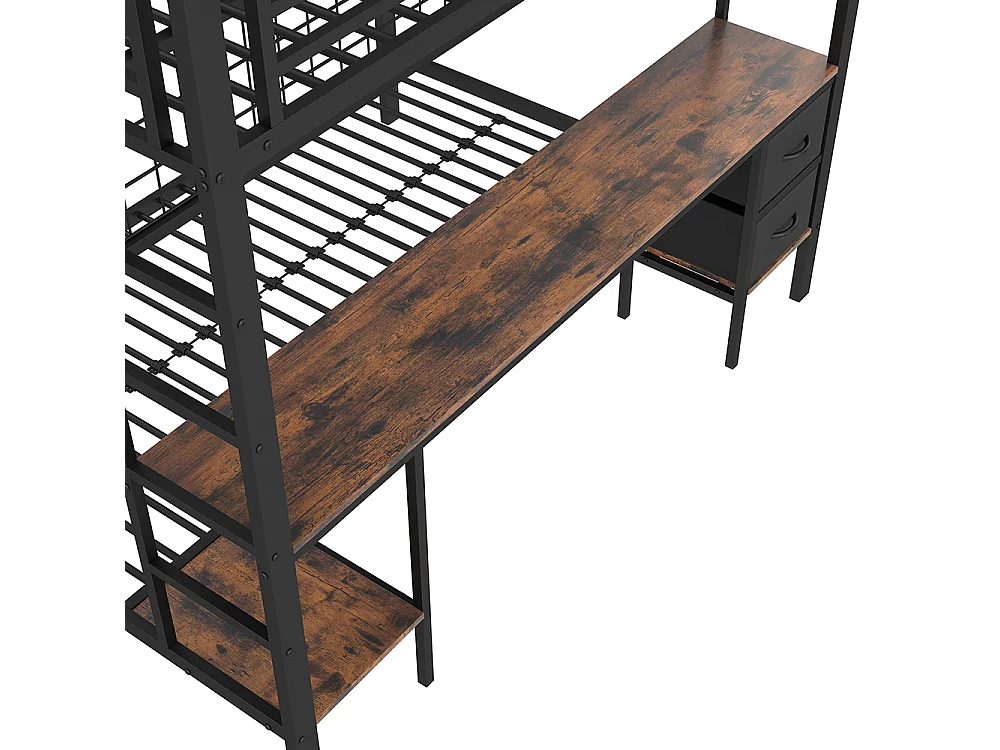 Lit superposé 90x200 et 140x200 noir avec tiroirs étagères bureau port USB LED 7 couleurs et grille suspendue