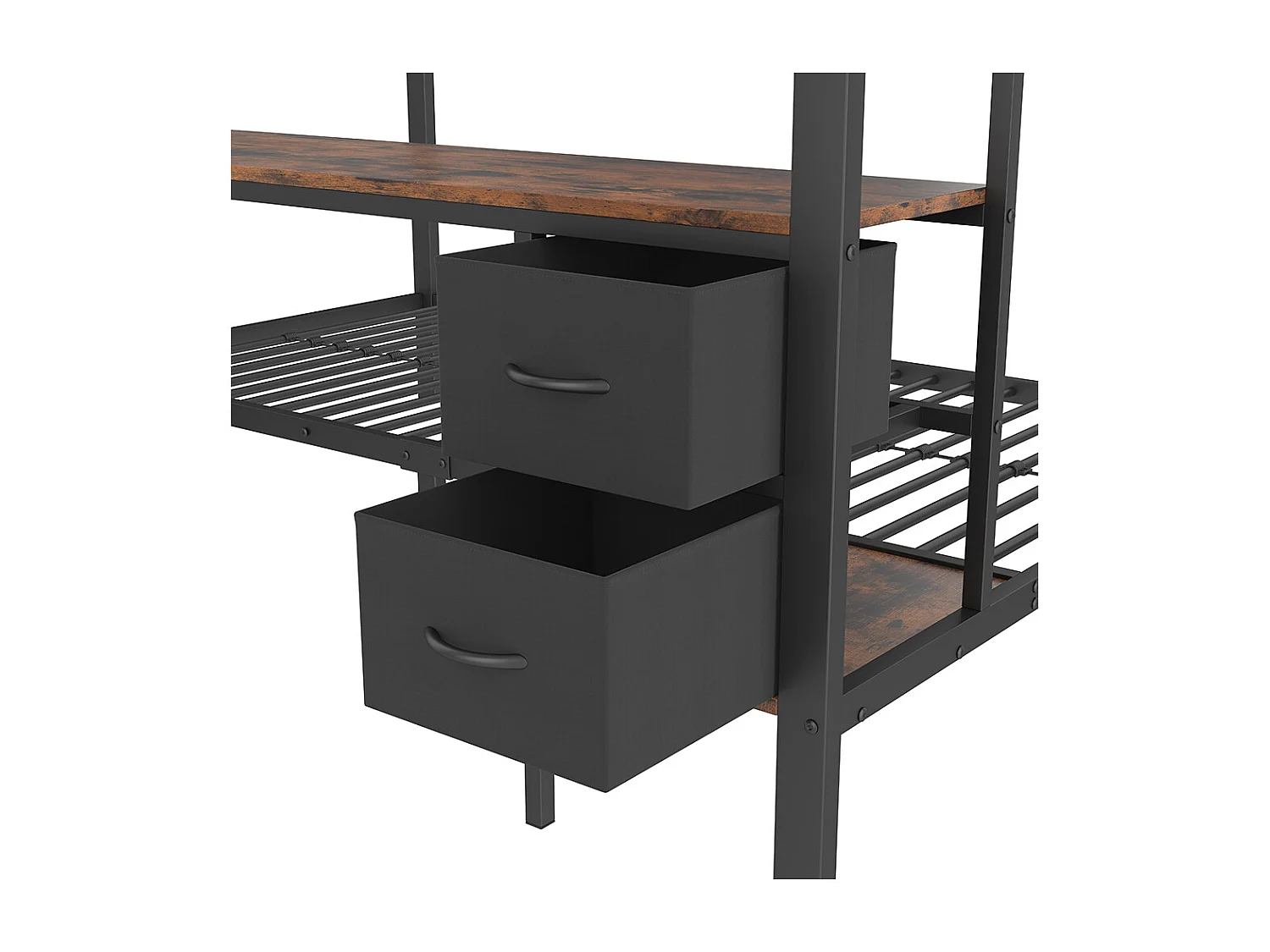 Lit superposé 90x200 et 140x200 noir avec tiroirs étagères bureau port USB LED 7 couleurs et grille suspendue