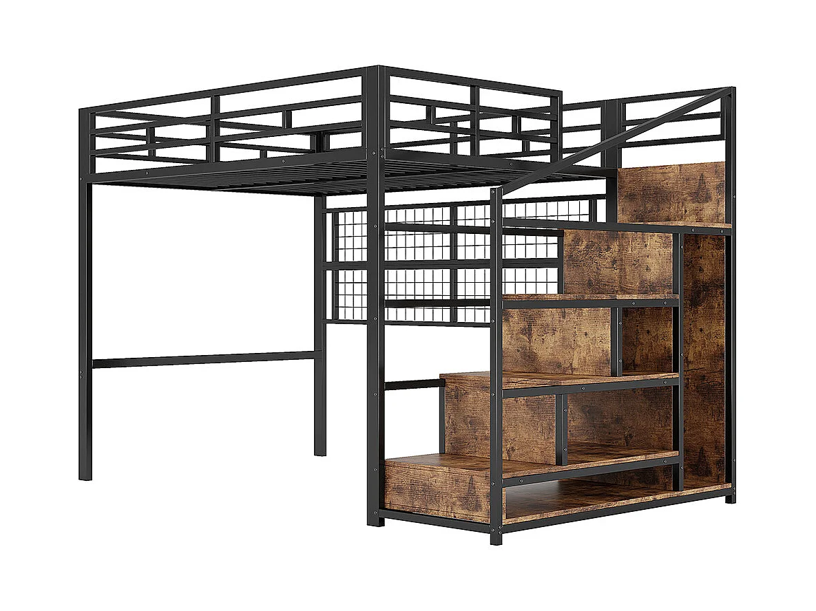 Lit mezzanine 140x200 en métal noir avec armoire échelle de rangement grille suspendue espace sous le lit éclairage LED 7 couleurs