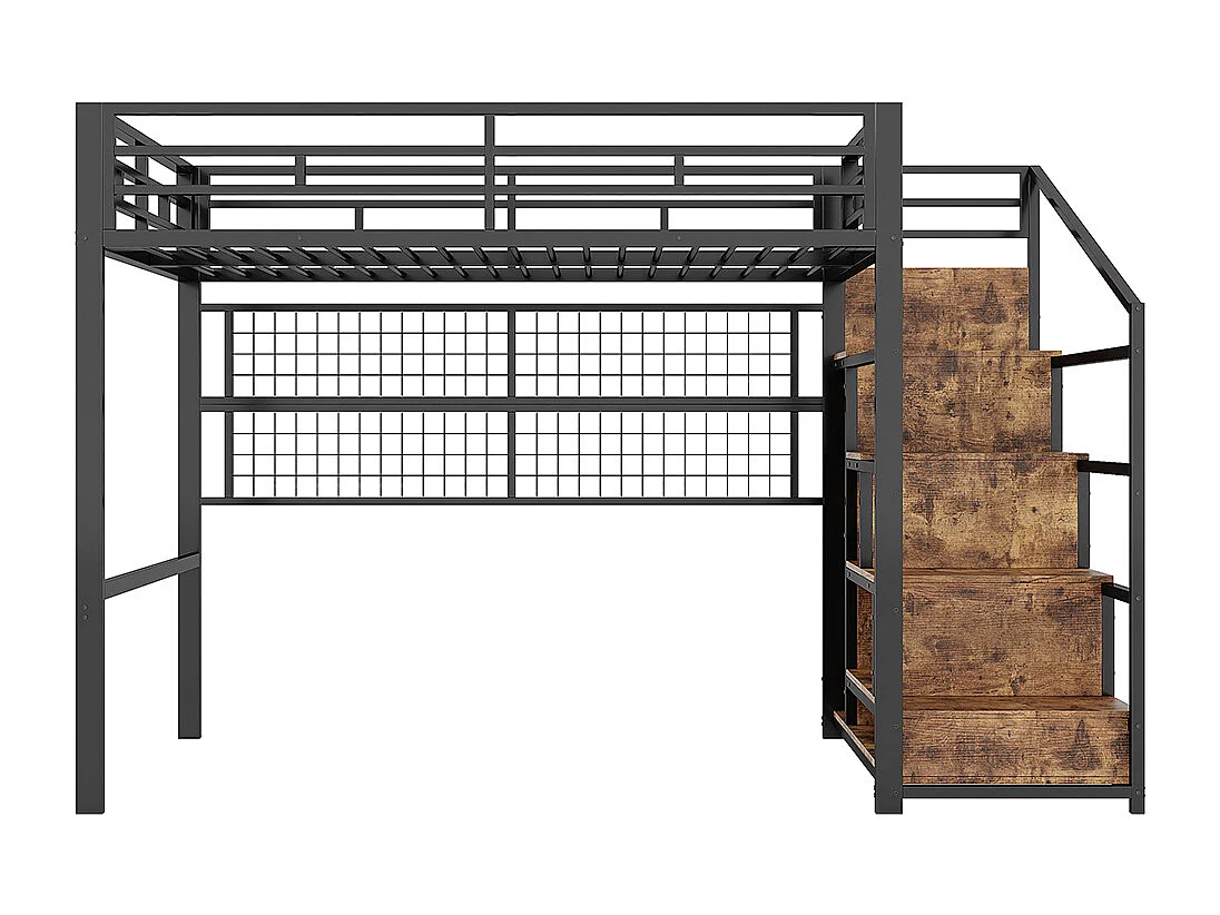 Lit mezzanine 140x200 en métal noir avec armoire échelle de rangement grille suspendue espace sous le lit éclairage LED 7 couleurs