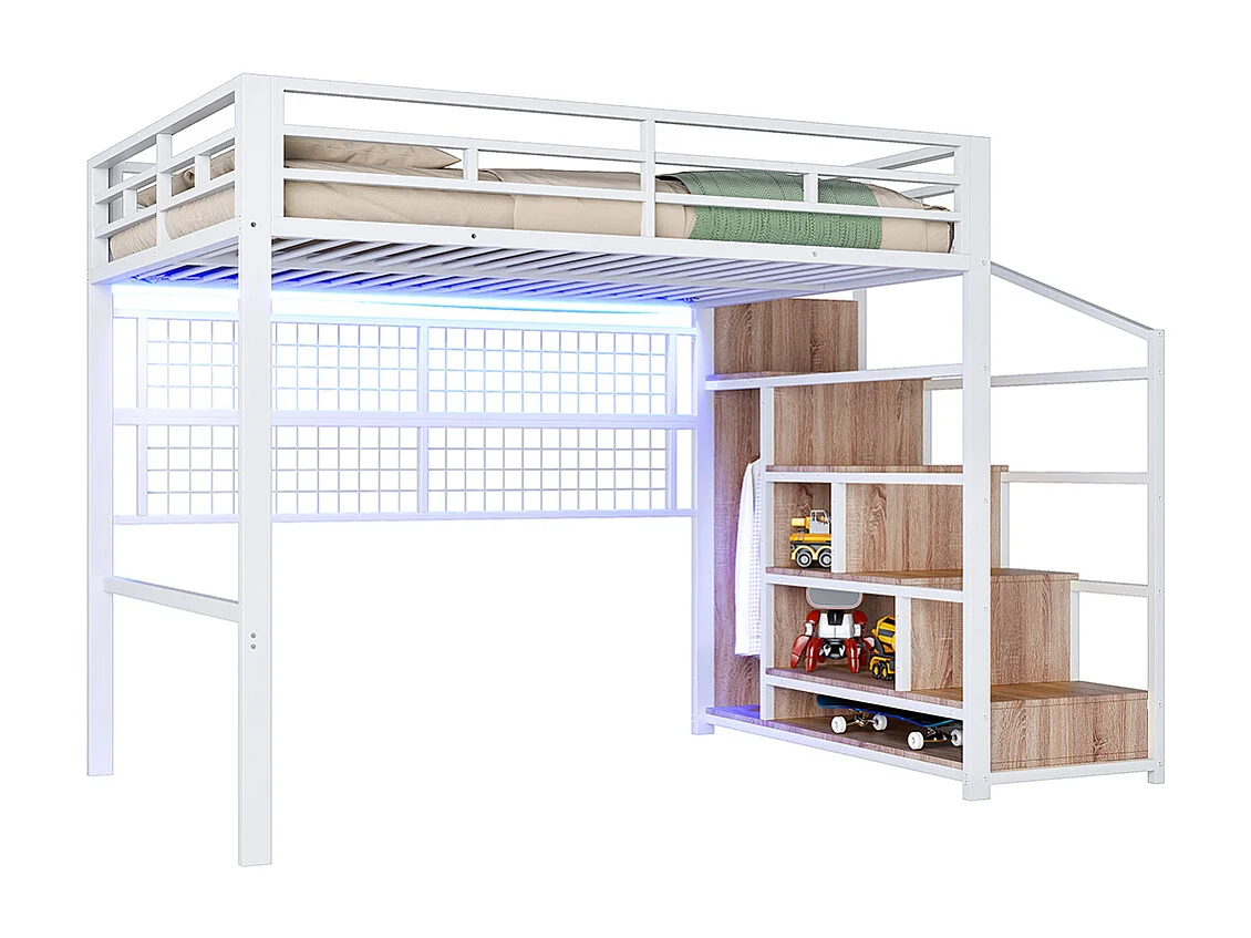Lit mezzanine 140x200 en métal blanc avec armoire échelle de rangement grille suspendue espace sous le lit éclairage LED 7 couleurs